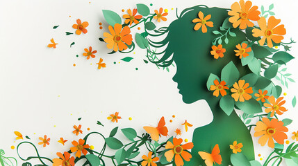 silhouette of a girl with flowers, paper cut effect , green and orange colors, white background