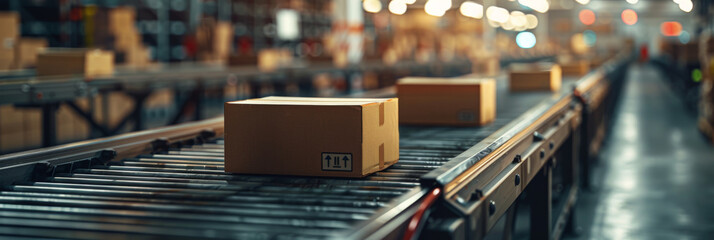boxes on a conveyor belt in a warehouse, 