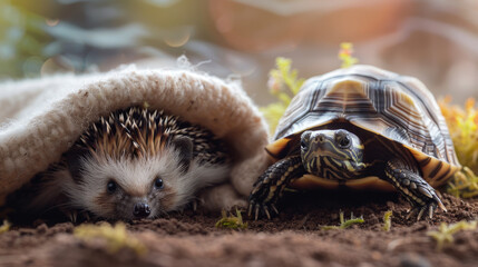A playful image capturing the unlikely friendship between a cute hedgehog and turtle snuggled under a blanket - obrazy, fototapety, plakaty
