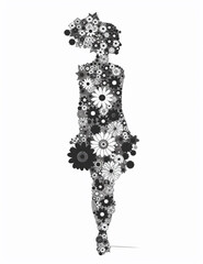 woman silhouette made of separate flowers, vector style, monochrome, cute graphic design on a white