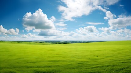 Beautiful natural scenic panorama green field of cut grass into and blue sky with clouds on...