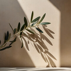 Modern summer minimal of olive tree branch in sunlight with long shadows on beige wall. Generative AI.