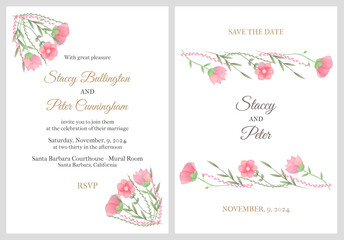 Wedding invitation template design with watercolor leaves and bouquet of flowers