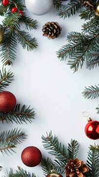 The background for the postcard. Below is a small image of fir branches with Christmas tree toys, balls