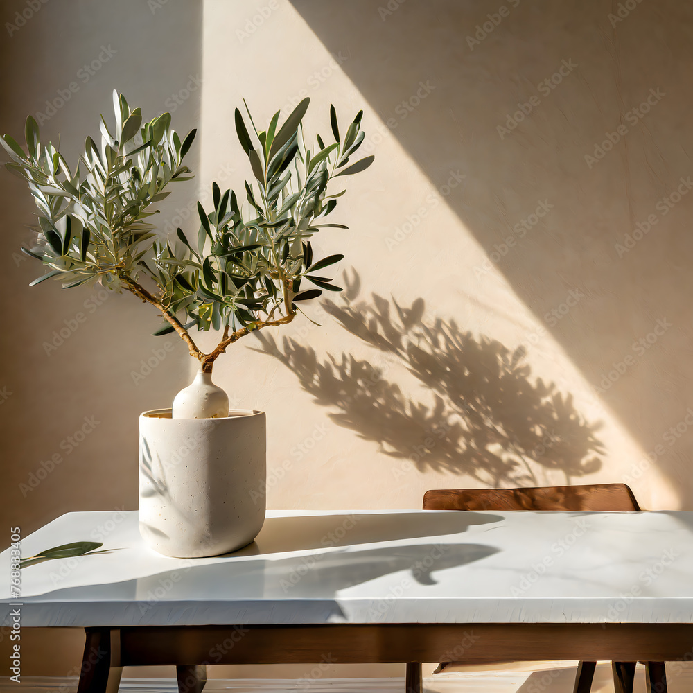 Poster modern summer minimal of olive tree on table in sunlight with long shadows on beige wall. generative