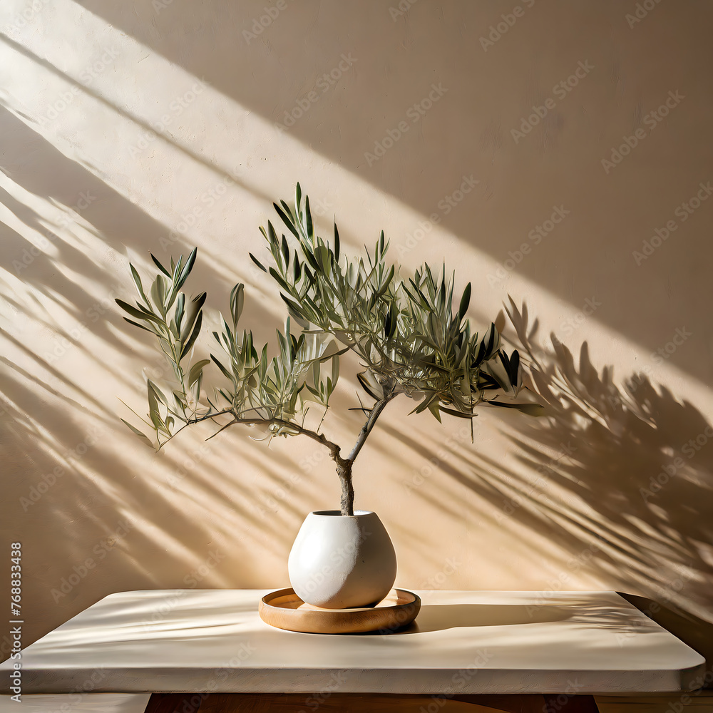 Poster modern summer minimal of olive tree on table in sunlight with long shadows on beige wall. generative