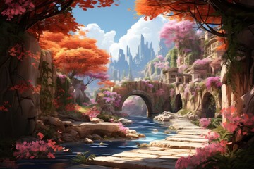 Lush River Landscape Painting With Trees and Flowers Generative AI