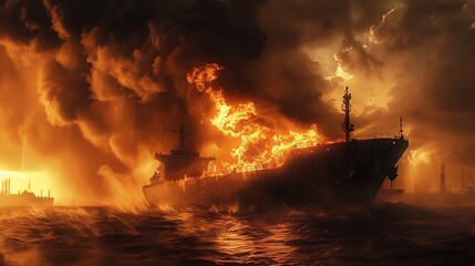 Fire on a cargo ship. A ship carrying liquefied gas is engulfed in flames. Explosion and fire on a gas carrier on the high seas. 3d rendering - obrazy, fototapety, plakaty