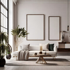 Modern white living room interior design with decoration and empty mock up picture frames 3D. Generative AI.