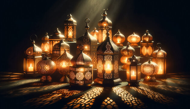 The scene is set against a dark, velvety background, focusing on the beauty and solemnity of Ramadan. It features an array of festive lanterns