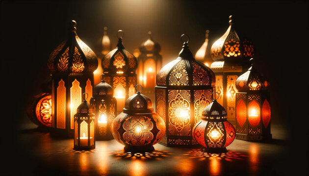 The image showcases a collection of festive lanterns, known as fanous, traditionally used in the celebration of Ramadan