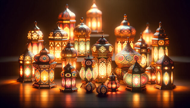 Envision a collection of festive lanterns, known as fanous, symbolizing the holy month of Ramadan. These traditional Islamic lanterns