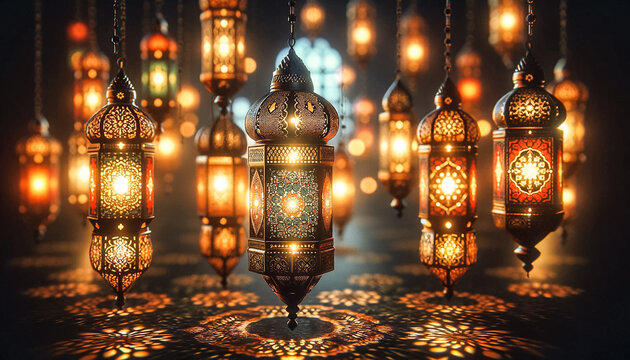 The image captures the serene beauty of festive lanterns, known as fanous, used during the holy month of Ramadan, a significant Islamic Muslim religion
