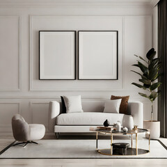 Modern white living room interior design with decoration and empty mock up picture frames 3D. Generative AI.