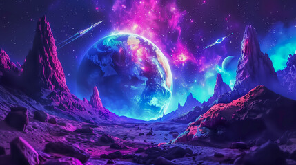 A vibrant space scene with a large planet, colorful nebulas, and shooting stars. - obrazy, fototapety, plakaty