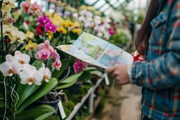 person holding a map, viewing orchids in a greenhouse aisle