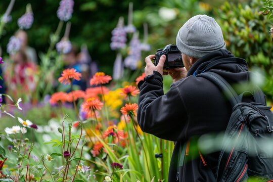 visitor with camera taking photos of flowers