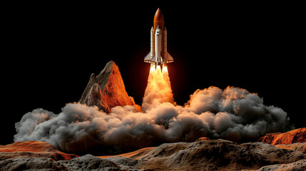 A space shuttle launching with fiery rockets over rocky terrain against a black background.