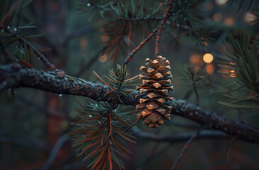 a pinecone is hanging on a branch of the forest, in the style of fujifilm pro 400h, uhd image
