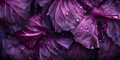 Close up of red cabbage leaves in water drops