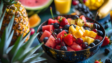 A Rainbow of Flavors: A Vibrant Display of Tropical Fruits and Mixed Berries in a Juicy Delight