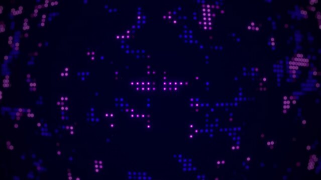 Abstract LED glowing pixel background in violet blue colors. Flickering dispatcher panel, digital, digital world map on a dark blue background. Neon light Looping animation, Seamless video.