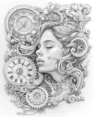 Portrait of a girl in steampunk style with mechanisms, gears, watch dials. made in the style of a page for a coloring book.