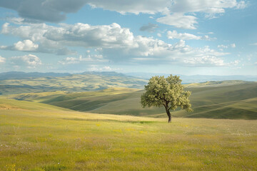 Fototapeta premium Lone Olive Tree in a Blossoming Meadow with Rolling Hills and a Cloudy Sky