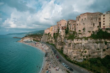 Fototapeta na wymiar Aerial view of the village of Tropea in Calabria with its clear Caribbean sea.