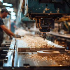 production where people work on a miling machine with wood