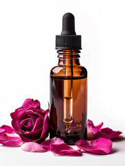 Glass dropper bottle with black rubber head. There are rose petals in the liquid.