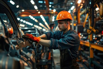 A male worker in uniform that is repairings an automobile