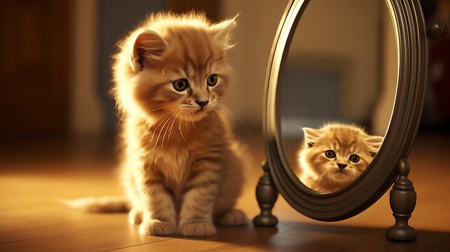 kitten looking at round mirror on table, male lion inside mirror, close up