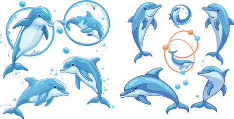 Cute cartoon blue dolphin character play, jump through hoop and draw