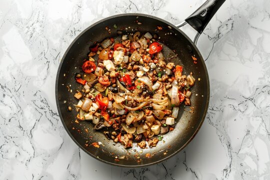 A pan with sauteed ingredients against plain background