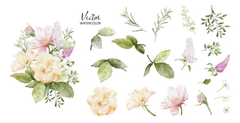 Fototapeta premium Set of watercolor bouquets with rose flower elements