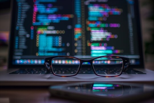 Eyeglasses on a laptop with colorful code