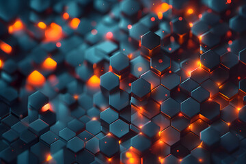 abstract geometric background in the form of 3d dark hexagons and lights, futuristic hexagons with neon orange light with glowing dots