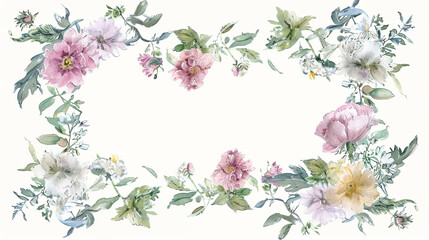 rectangular wreath of wildflowers in blush pinks and sage. watercolor style. plain white background - obrazy, fototapety, plakaty