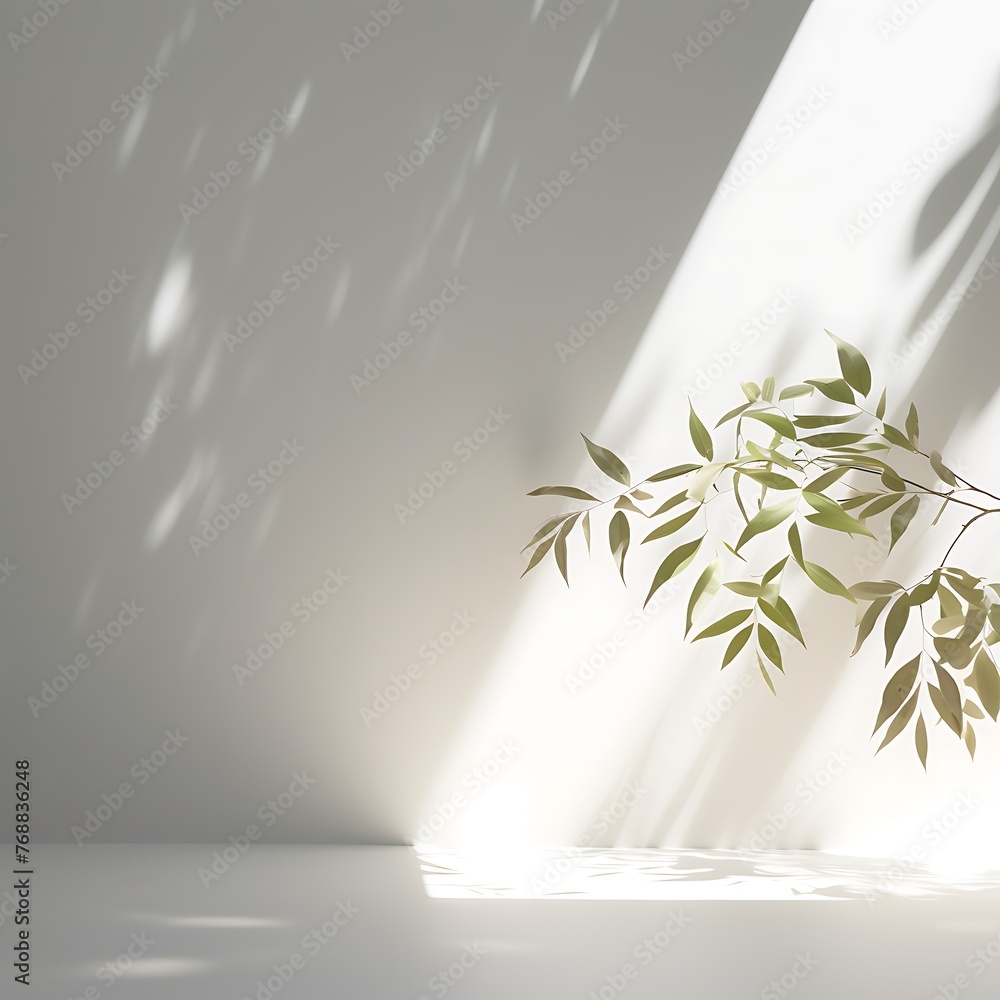 Poster minimalistic light background with blurred foliage shadow on a white wall. beautiful background for 