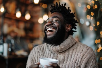 A young professional drinking coffee laughing