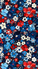 floral pattern made of flat small flowers, blue, red