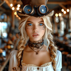 Beautiful girl, model in the style of a steampunk.