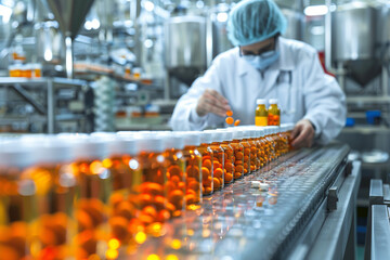 Dietary supplement experts are inspecting the quality of dietary supplement production for a new option for health care and maintenance, in a clean and modern production facility, Realistic Photo