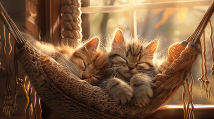 The golden hue of the sunset bathes the scene as kittens cuddle in a hammock, embodying the essence of domestic bliss and serenity