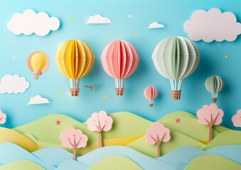 Obraz na płótnie Canvas outdoor scene, hot air balloons on sunny day, in the style of paper art, beautiful pastel colors