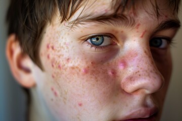 young adult staring at the camera, rosacea visible across the face