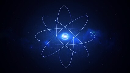 Animation of a blue neon atom 3d model on the starry sky. Glowing particles molecule orbit beam of light ellipse. Physics chemistry abstract dark background