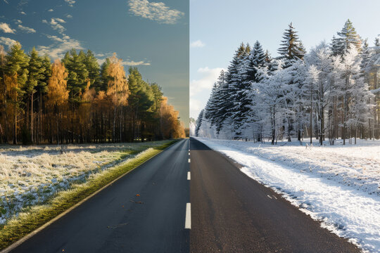 Combining images of winter and summer seasons on the road visually illustrates the transition from snowy to sunny conditions, depicting the changing seasons and weather.