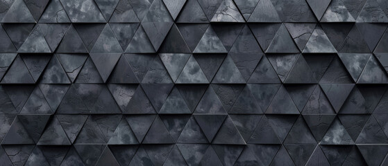 Abstract triangular mosaic tiles in dark black and anthracite gray concrete. Geometric fluted triangles create a textured wallpaper backdrop. - obrazy, fototapety, plakaty